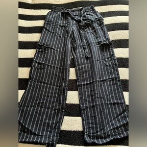 navy striped high rise wide leg cargo pants